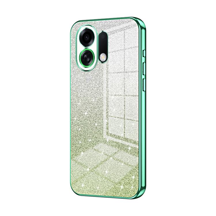 Silver glitter phone case with green electroplated edges and camera cutouts