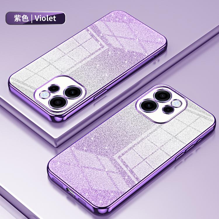 Violet glitter phone case with electroplated border, shown from front and back.