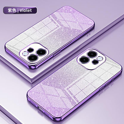 Violet glitter phone case with electroplated border, shown from front and back.