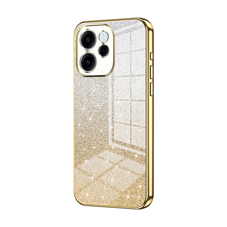Gold glitter phone case with electroplated edges and raised camera ring cutouts.