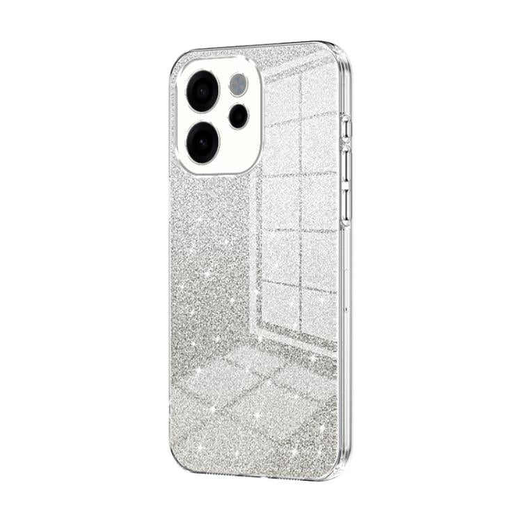 Silver glitter phone case with electroplated edges and camera cutout on the back.