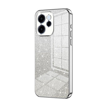 Clear-silver glitter phone case with electroplated edges and camera cutout details.