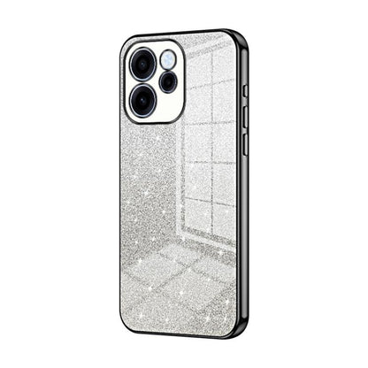 Black-edged glitter phone case with electroplated trim and camera cutout on back.