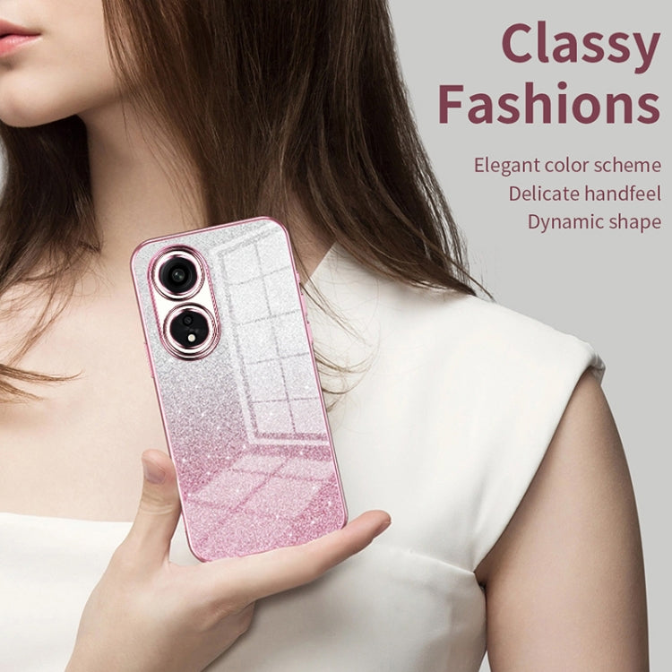 Pink glitter phone case with electroplated trim and dual camera cutouts.