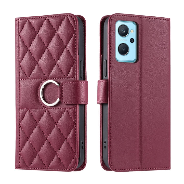 Burgundy maroon rhombic quilted leather phone case with ring stand strap and camera cutout