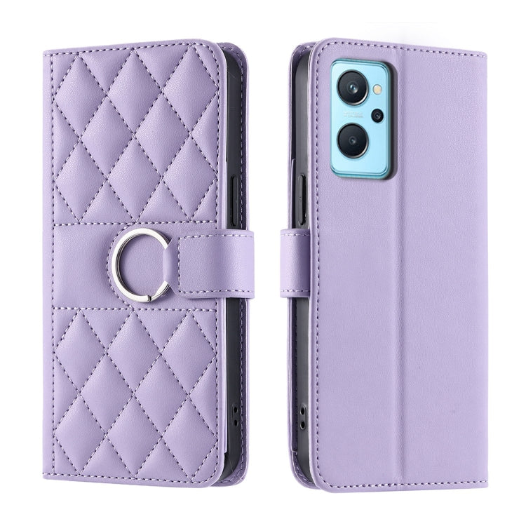 Purple rhombic quilted leather phone case with ring strap; front and back view