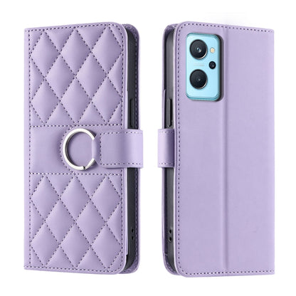 Purple rhombic quilted leather phone case with ring strap; front and back view