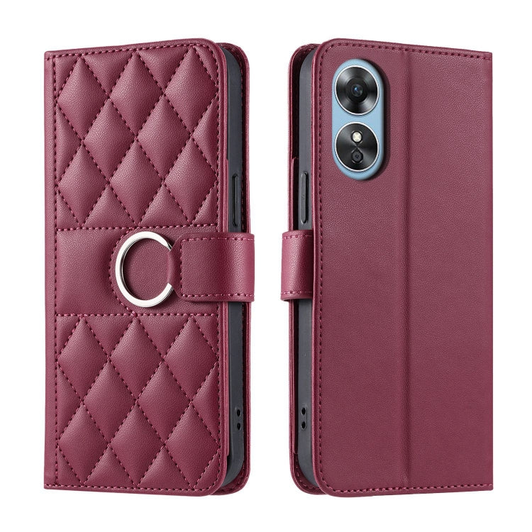 Rose maroon rhombic quilted leather phone case with ring stand strap and camera cutout