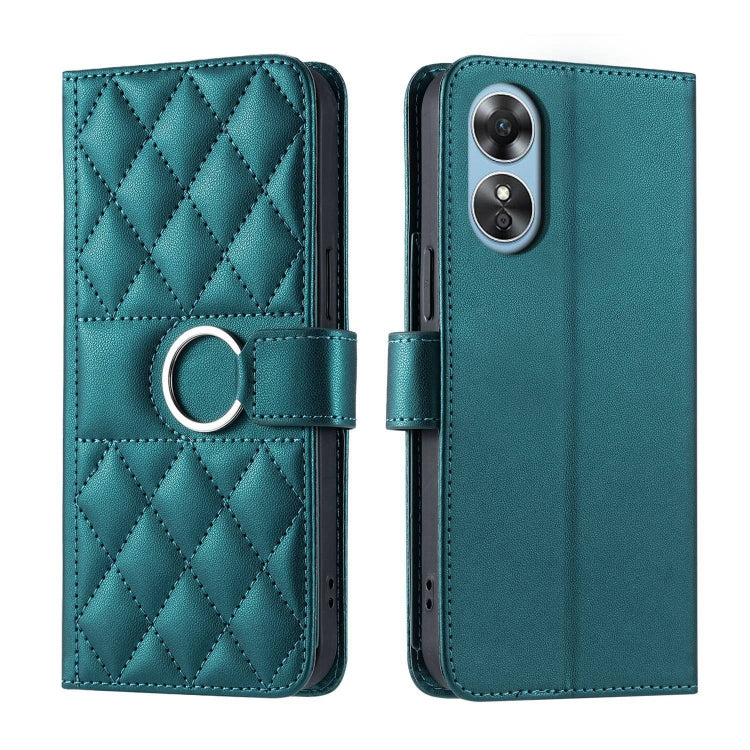 Teal rhombic quilted leather phone case with ring stand strap and camera cutout