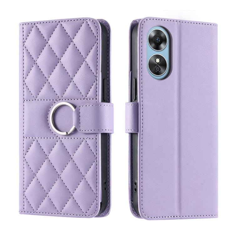 Lavender purple rhombic quilted leather phone case with ring stand strap and camera cutout