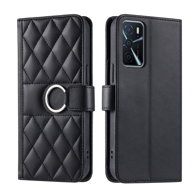 Black rhombic quilted leather phone case with ring strap; front and back view