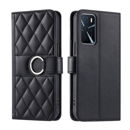 Black rhombic quilted leather phone case with ring strap; front and back view