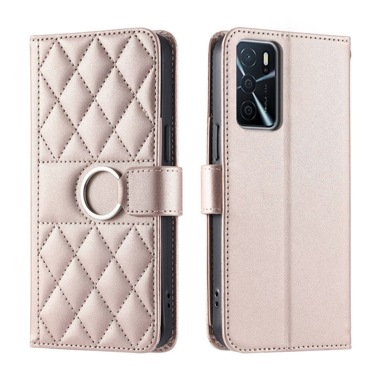 Light pink rhombic quilted leather phone case with ring strap; front and back view