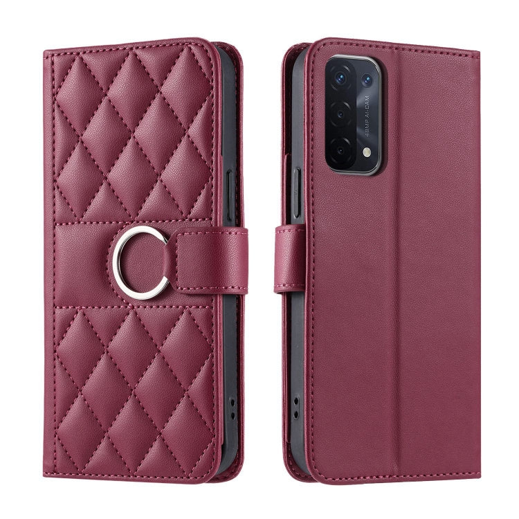 Burgundy rhombic quilted leather phone case with ring strap; front and back view