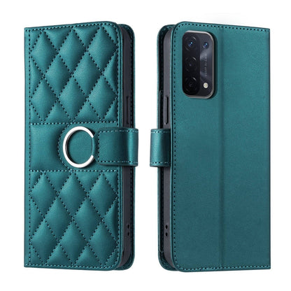 Teal rhombic quilted leather phone case with ring strap; front and back view
