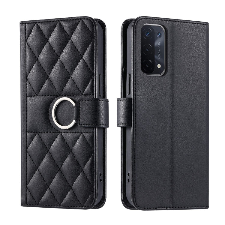 Black rhombic quilted leather phone case with ring strap; front and back view