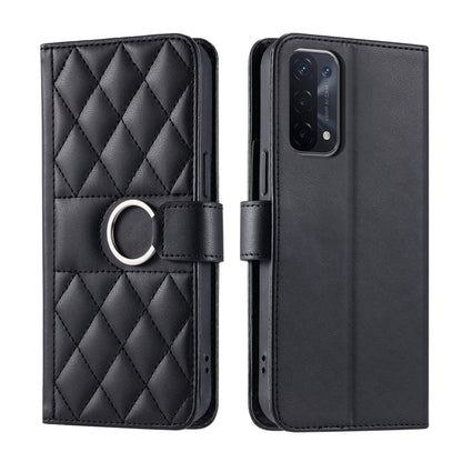 Black rhombic quilted leather phone case with ring strap; front and back view