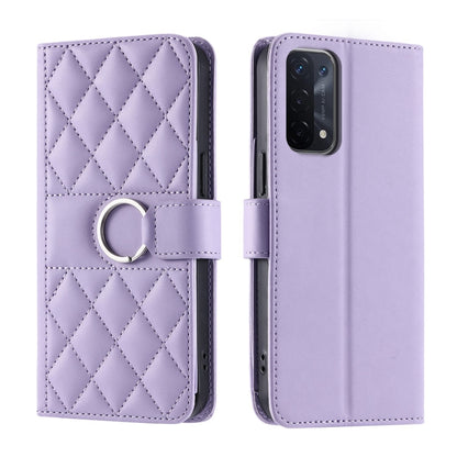 Lavender rhombic leather phone case with ring buckle and side stand strap
