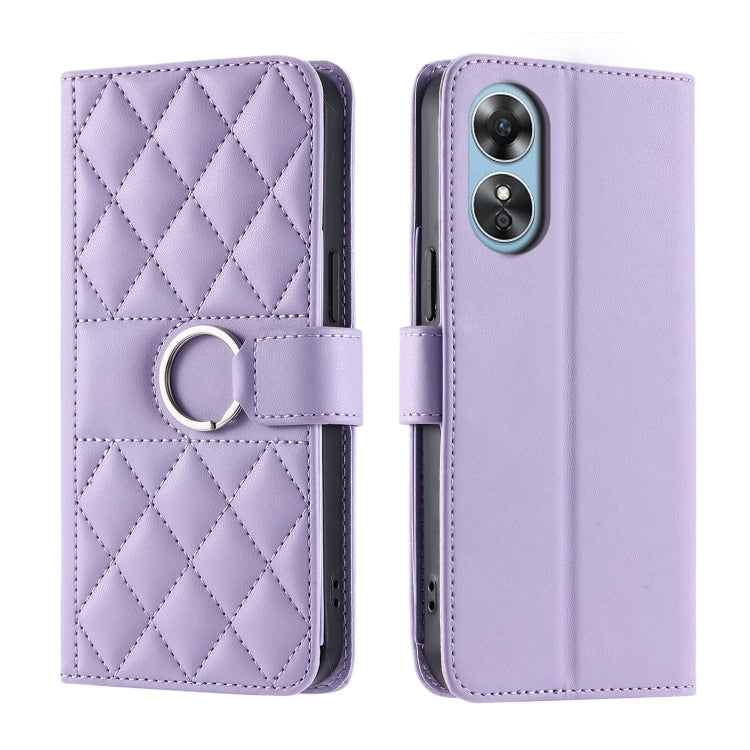 Quilted rhombic leather phone case with ring buckle strap, purple.