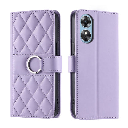 Quilted rhombic leather phone case with ring buckle strap, purple.