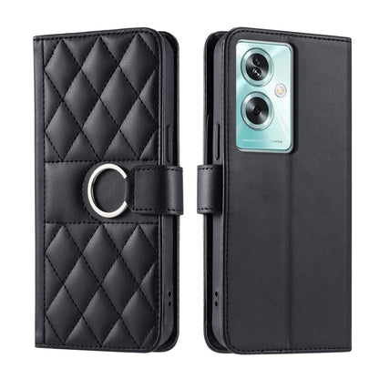 Black leather phone case with rhombus quilt, ring-buckle strap, and flip cover