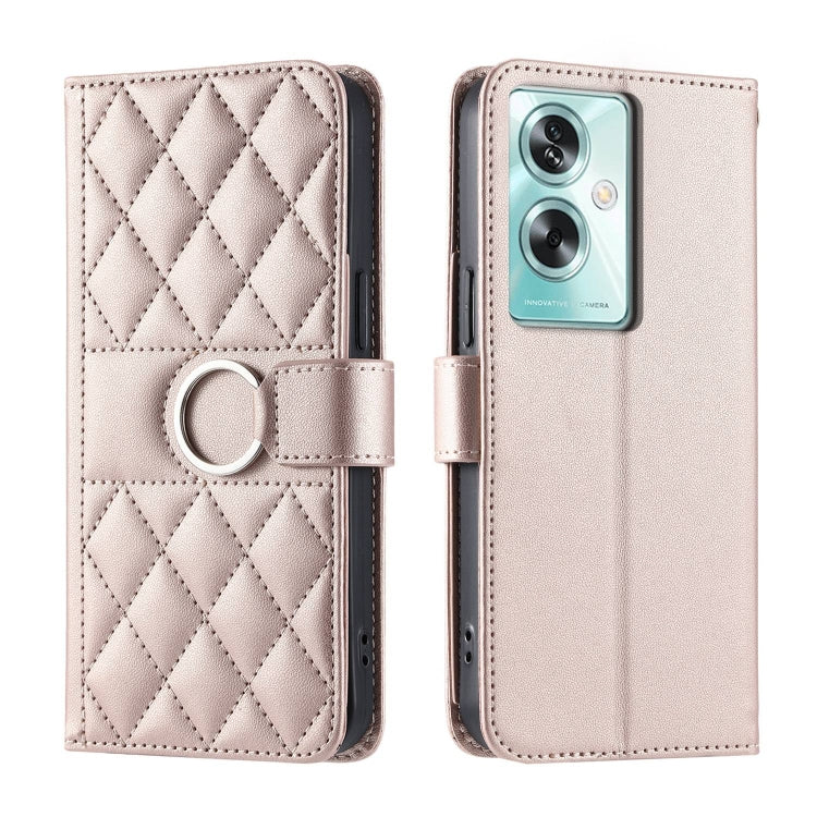 Beige leather phone case with rhombus quilt, ring-buckle strap, and flip cover
