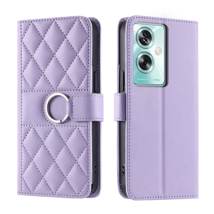 Lavender leather phone case with rhombic quilt, ring buckle strap, and card slots