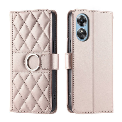 Quilted rhombic leather phone case with ring buckle strap, light beige/pink.