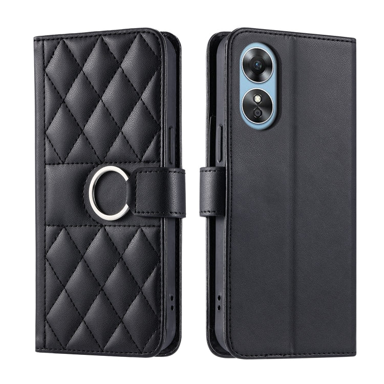 Black rhombic quilt leather phone case with flip cover and finger ring strap