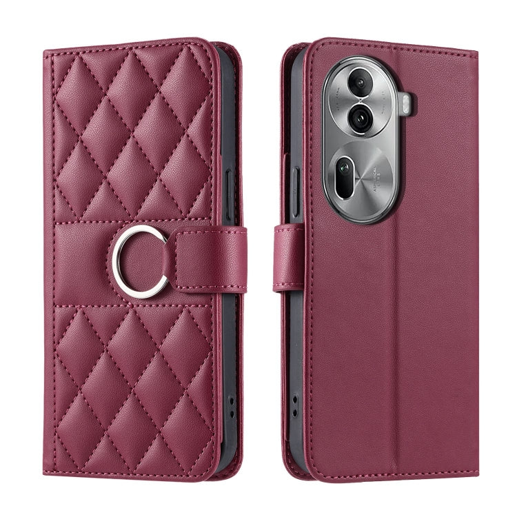 Burgundy quilted rhombic leather phone case with ring strap and flip cover