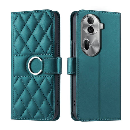 Teal quilted rhombic leather phone case with ring strap and flip cover
