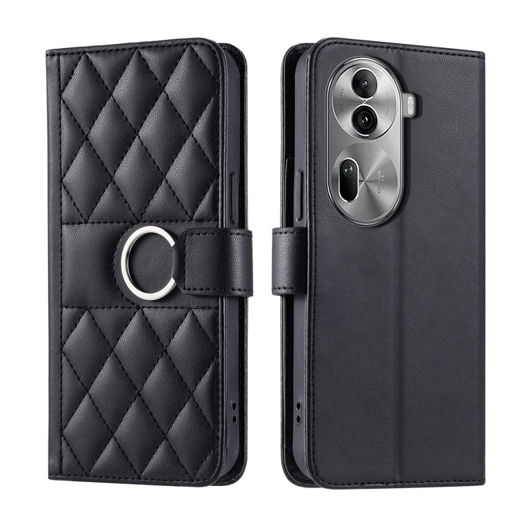 Black quilted rhombic leather phone case with ring strap and flip cover