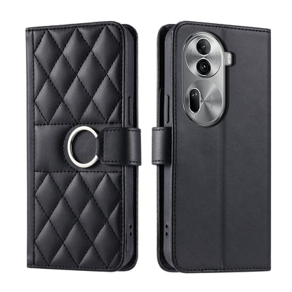 Black quilted rhombic leather phone case with ring strap and flip cover