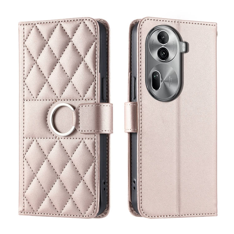 Light pink quilted rhombic leather phone case with ring strap and flip cover