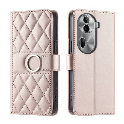Light pink quilted rhombic leather phone case with ring strap and flip cover
