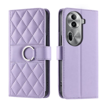 Lavender quilted rhombic leather phone case with ring strap and flip cover