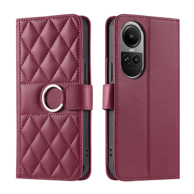 Burgundy quilted rhombic leather phone case with ring buckle strap.