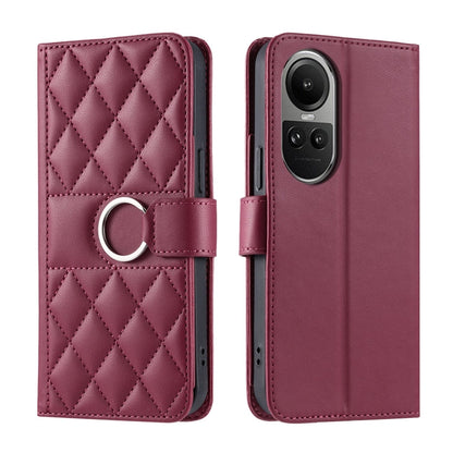 Burgundy quilted rhombic leather phone case with ring buckle strap.