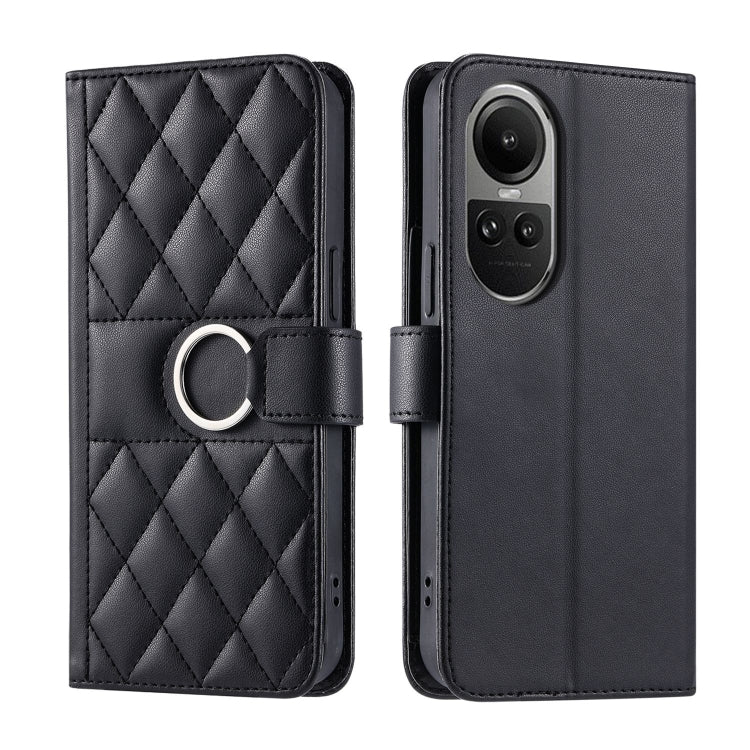 Black quilted rhombic leather phone case with ring buckle strap.