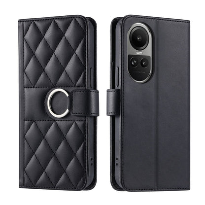 Black quilted rhombic leather phone case with ring buckle strap.