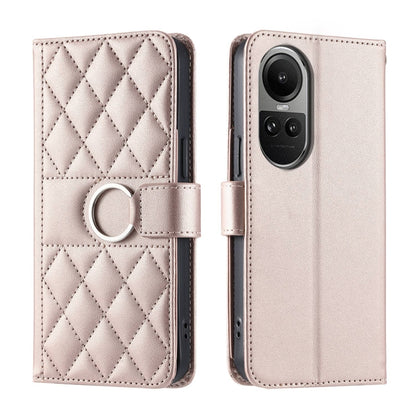 Light beige quilted rhombic leather phone case with ring buckle strap.