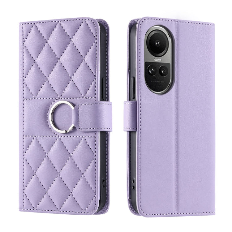 Purple rhombic quilt leather phone case with flip cover and finger ring strap