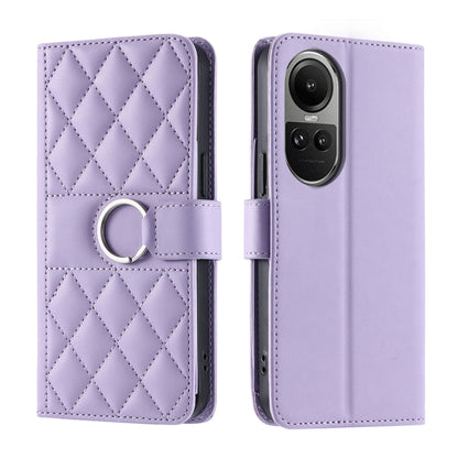 Purple rhombic quilt leather phone case with flip cover and finger ring strap