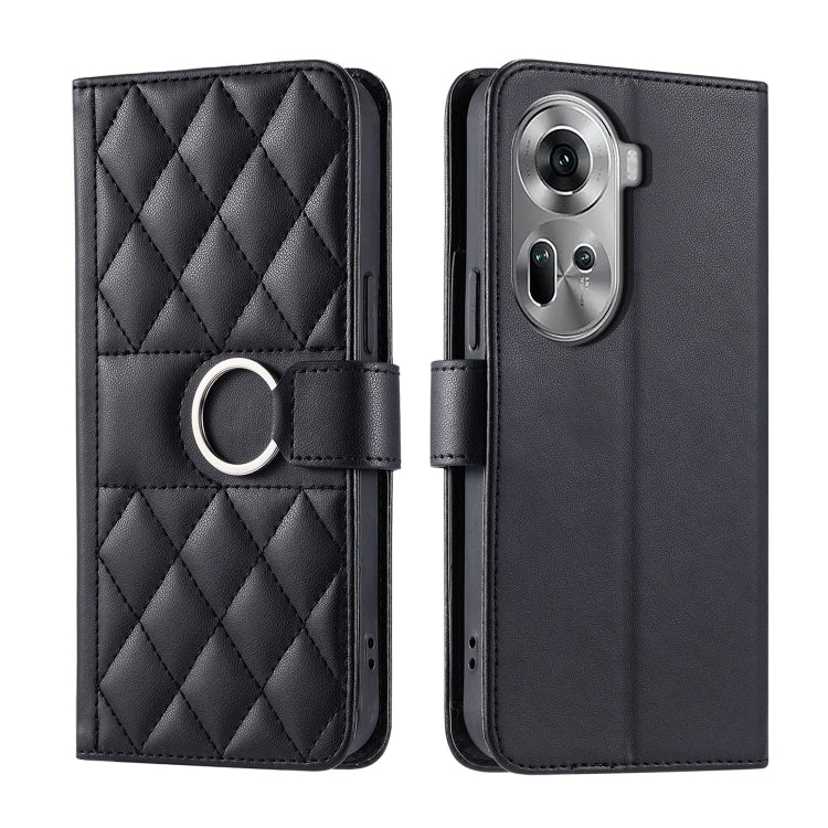 Black rhombic quilt leather phone case with wrist strap and ring holder, folio
