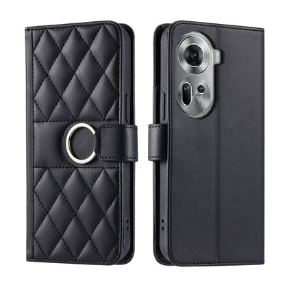 Black rhombic quilt leather phone case with wrist strap and ring holder, folio