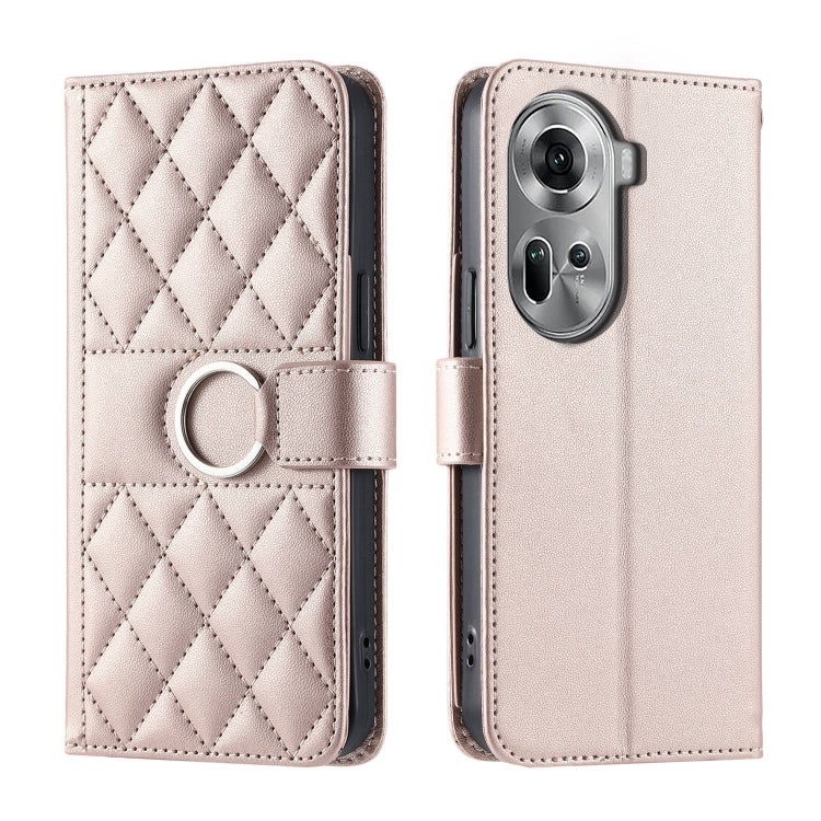 Champagne rose rhombic quilt leather phone case with wrist strap and ring holder, folio