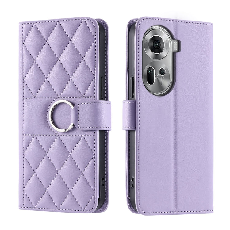 Lavender quilted rhombic leather phone case with ring strap and flip cover