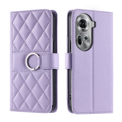 Lavender quilted rhombic leather phone case with ring strap and flip cover