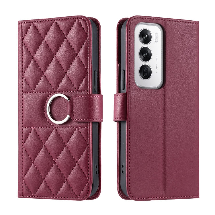 Rose wine rhombic quilt leather phone case with wrist strap and ring holder, folio