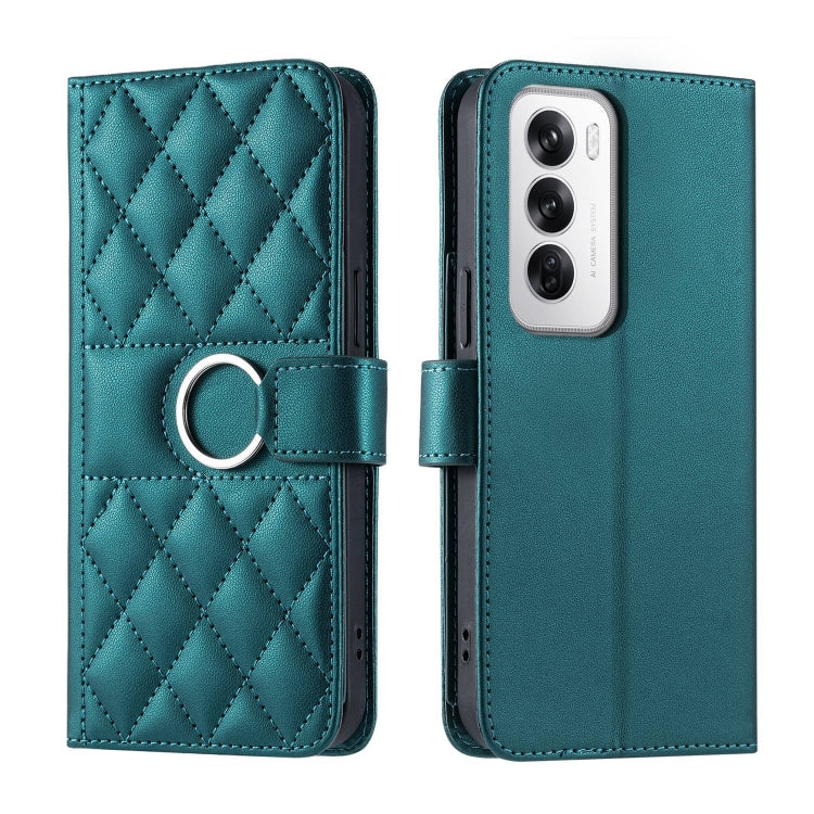 Teal rhombic quilt leather phone case with wrist strap and ring holder, folio